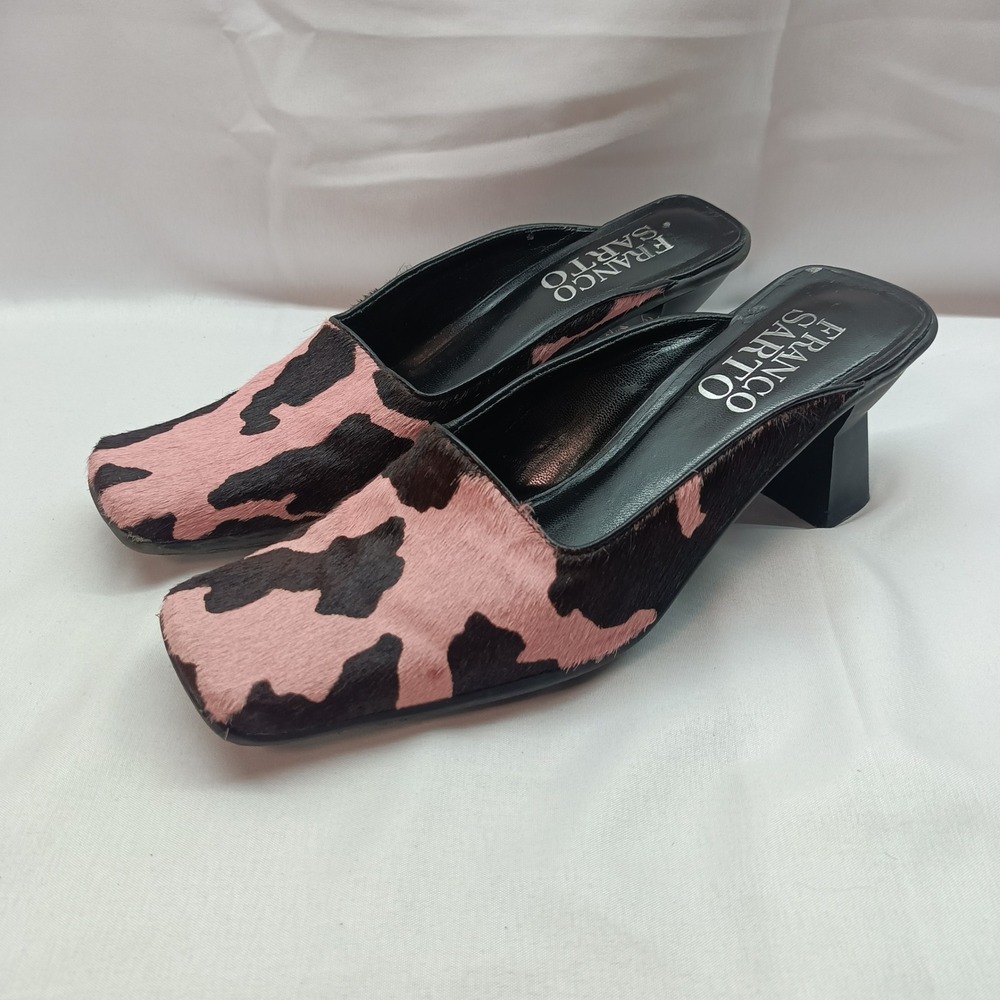 Franco Sarto Pink Cow Print Calf Hair Square Toe Mule Heels Black Size 7M Causal